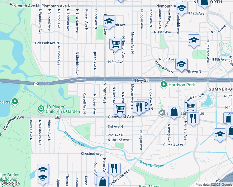 map of restaurants, bars, coffee shops, grocery stores, and more near 521 North Newton Avenue in Minneapolis