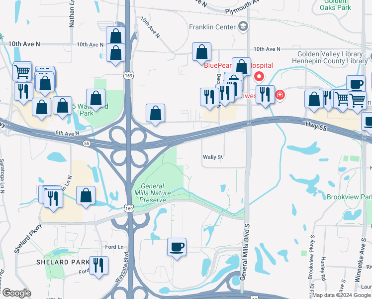 map of restaurants, bars, coffee shops, grocery stores, and more near 9141 Olson Memorial Highway in Golden Valley