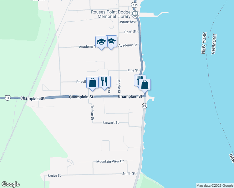 map of restaurants, bars, coffee shops, grocery stores, and more near 115 Maple Street in Rouses Point