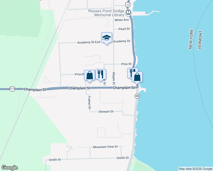map of restaurants, bars, coffee shops, grocery stores, and more near 12-16 Elm St in Rouses Point