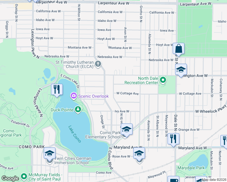 map of restaurants, bars, coffee shops, grocery stores, and more near 1404 Avon Street North in Saint Paul