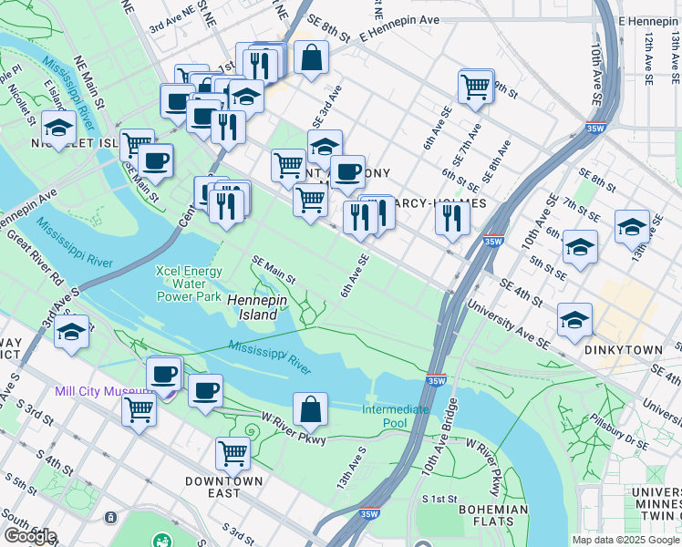 map of restaurants, bars, coffee shops, grocery stores, and more near 520 2nd Street Southeast in Minneapolis