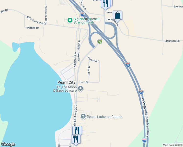 map of restaurants, bars, coffee shops, grocery stores, and more near 3249-3331 Nina Road in Gaylord