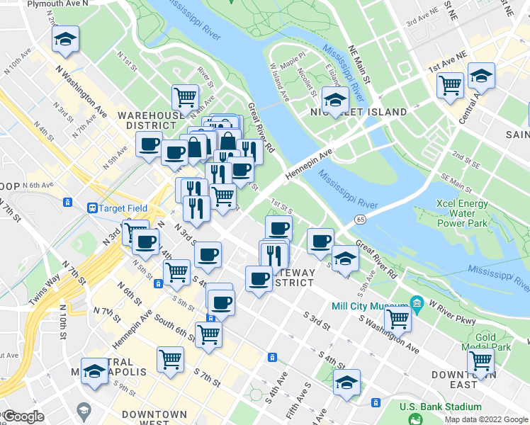 map of restaurants, bars, coffee shops, grocery stores, and more near 115 Hennepin Avenue in Minneapolis