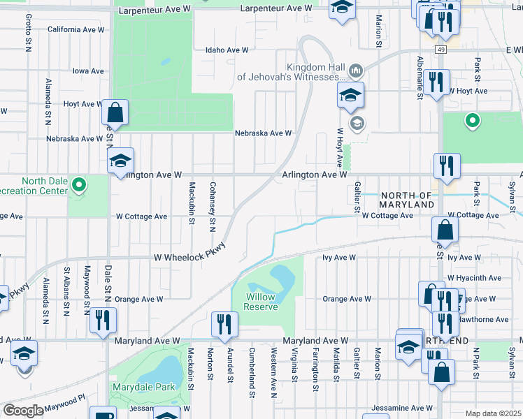 map of restaurants, bars, coffee shops, grocery stores, and more near 401 West Cottage Avenue in Saint Paul