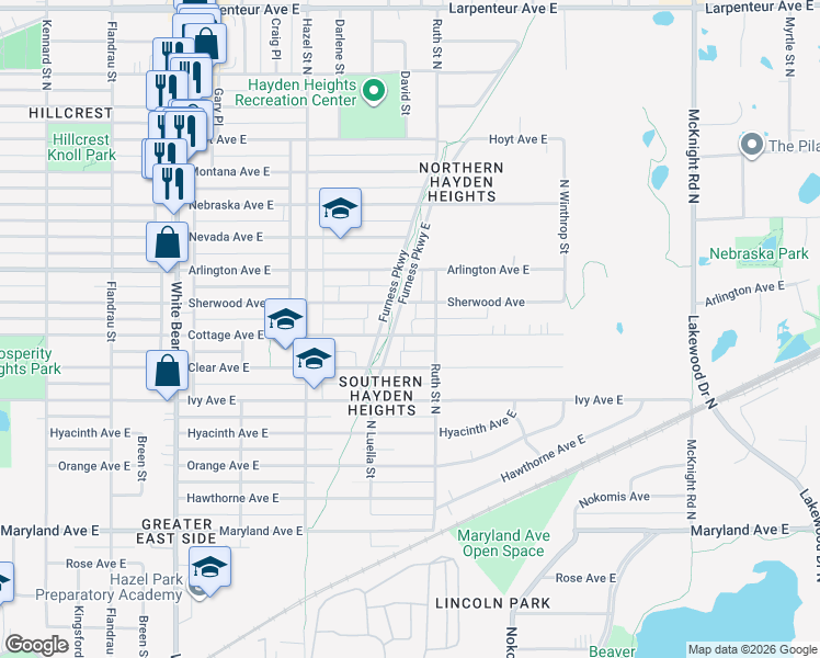map of restaurants, bars, coffee shops, grocery stores, and more near 1400 Furness Parkway East in Saint Paul