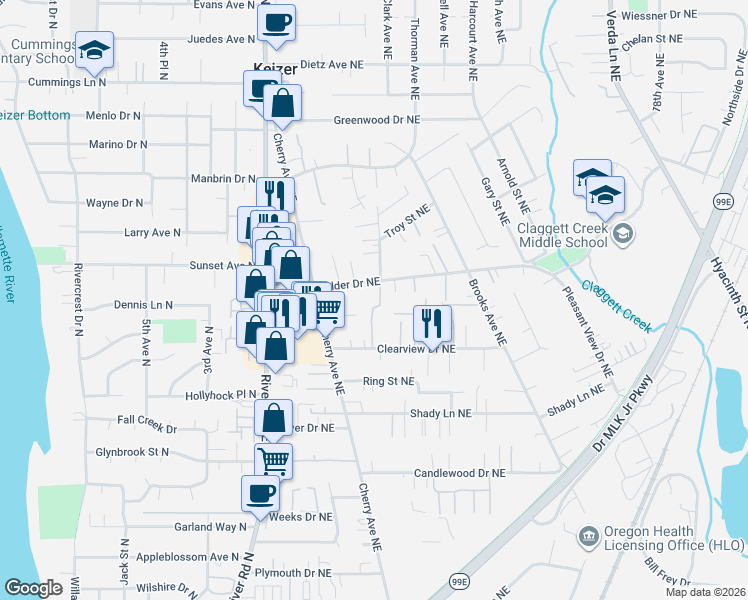 map of restaurants, bars, coffee shops, grocery stores, and more near 1116 Alder Drive Northeast in Keizer