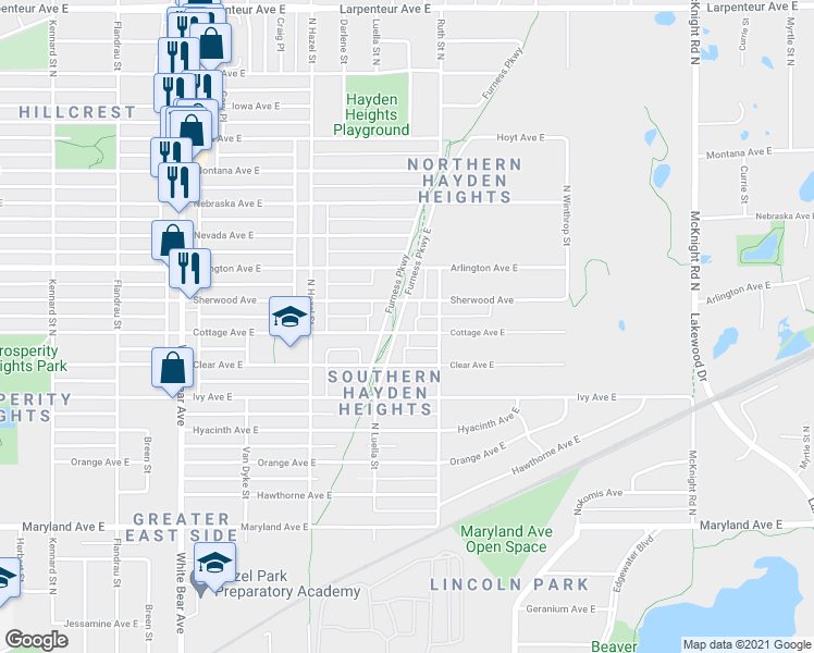 map of restaurants, bars, coffee shops, grocery stores, and more near 1400 Furness Parkway East in Saint Paul