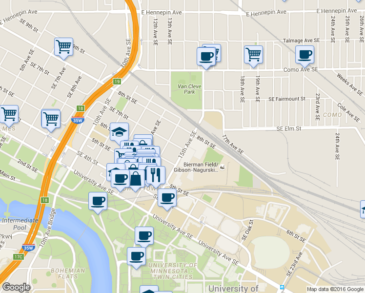 map of restaurants, bars, coffee shops, grocery stores, and more near 704 14th Avenue Southeast in Minneapolis