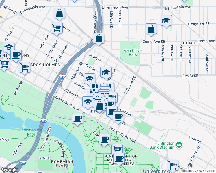 map of restaurants, bars, coffee shops, grocery stores, and more near in Minneapolis