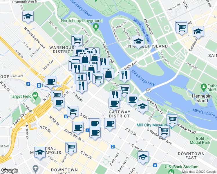 map of restaurants, bars, coffee shops, grocery stores, and more near 115 Hennepin Avenue in Minneapolis
