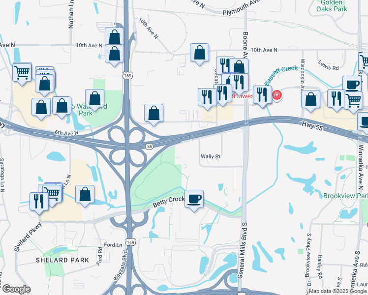 map of restaurants, bars, coffee shops, grocery stores, and more near 9141 Olson Memorial Highway in Golden Valley