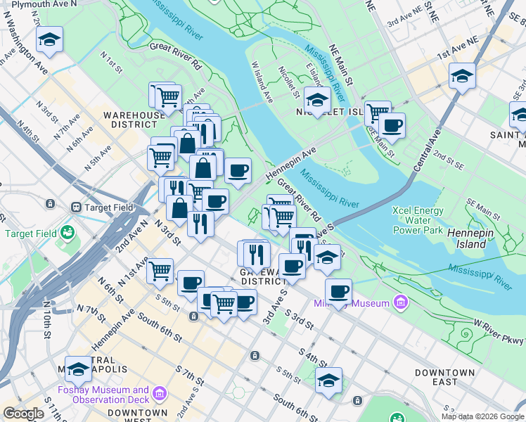 map of restaurants, bars, coffee shops, grocery stores, and more near in Minneapolis