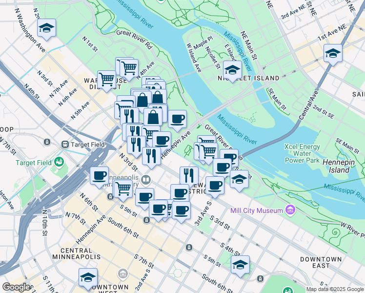 map of restaurants, bars, coffee shops, grocery stores, and more near 115 Hennepin Avenue in Minneapolis