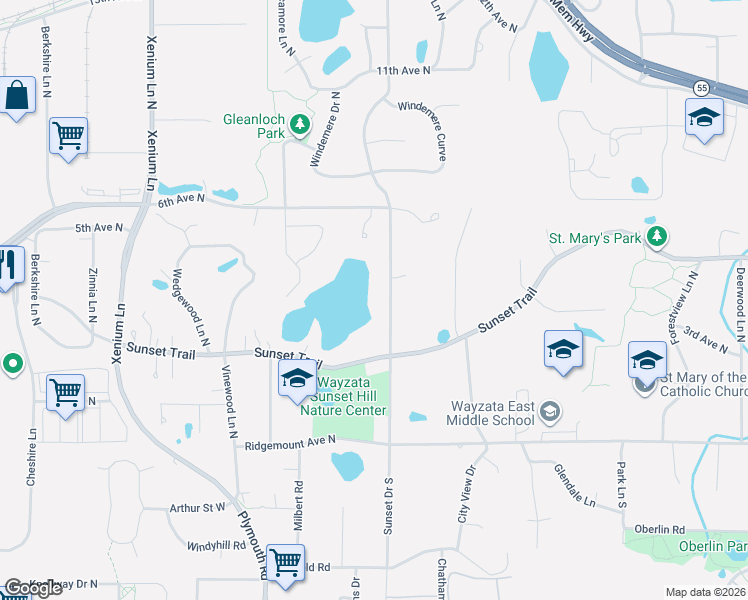 map of restaurants, bars, coffee shops, grocery stores, and more near 405 Pineview Lane North in Plymouth