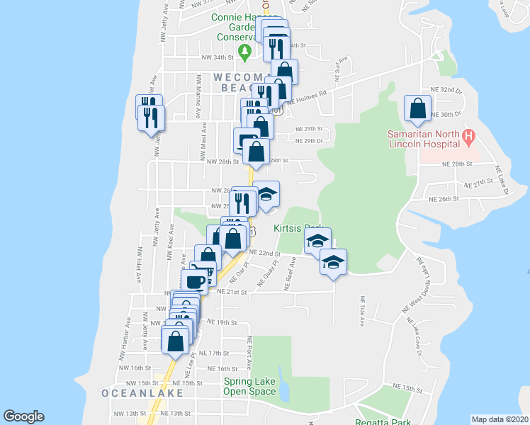 map of restaurants, bars, coffee shops, grocery stores, and more near Northeast 25th Street in Lincoln City