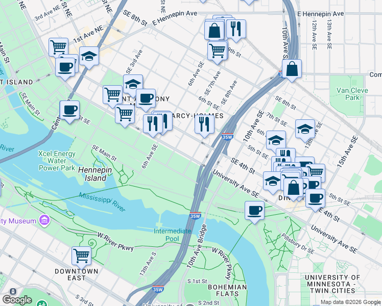 map of restaurants, bars, coffee shops, grocery stores, and more near 325 Southeast 8th Avenue in Minneapolis