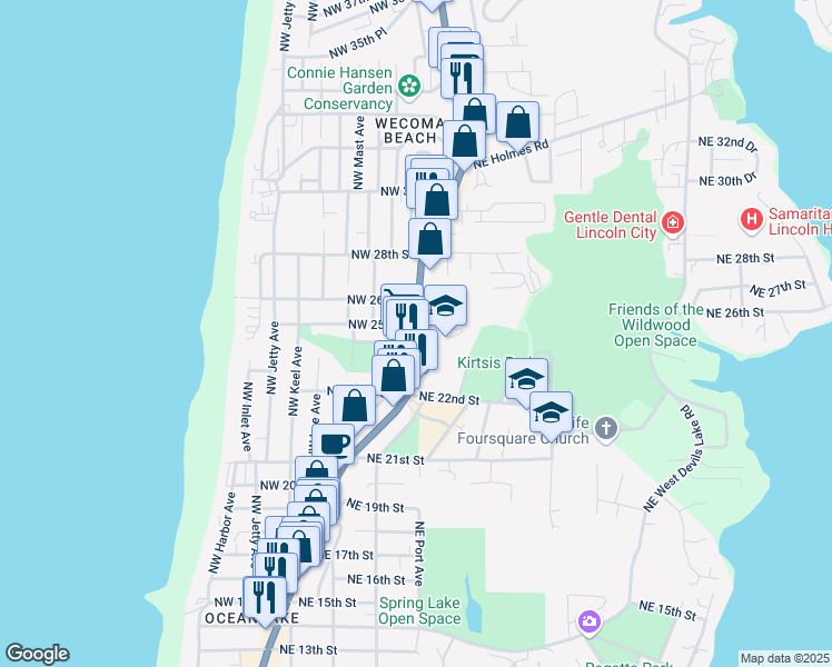 map of restaurants, bars, coffee shops, grocery stores, and more near 2598 Northwest Oar Avenue in Lincoln City