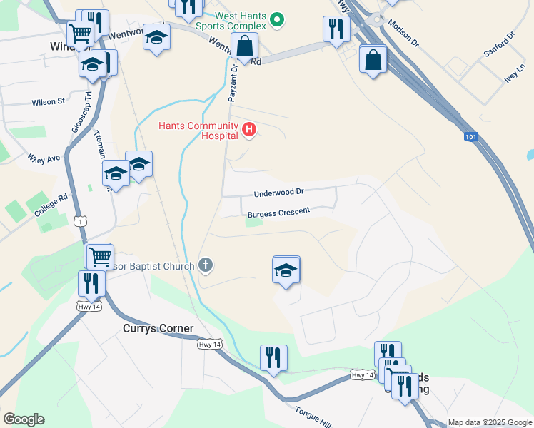 map of restaurants, bars, coffee shops, grocery stores, and more near Burgess Crescent in Windsor