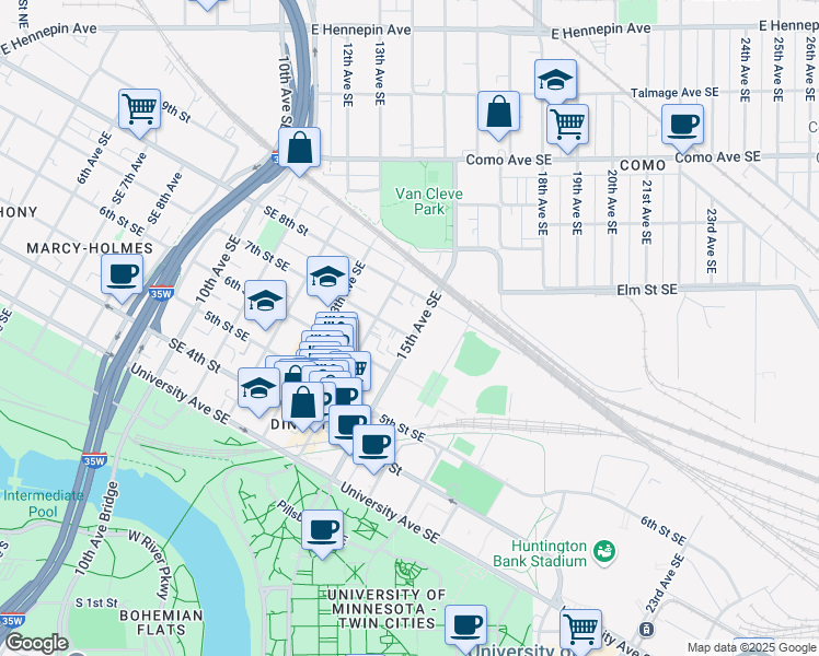 map of restaurants, bars, coffee shops, grocery stores, and more near 701 15th Avenue Southeast in Minneapolis