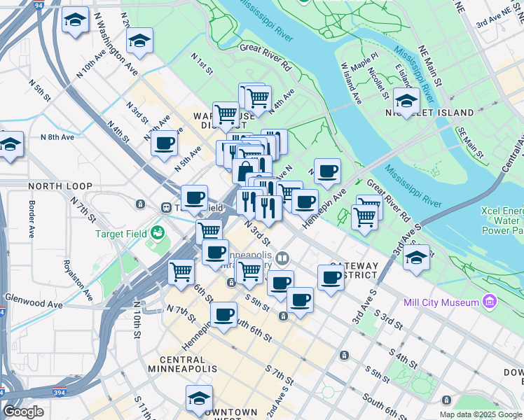 map of restaurants, bars, coffee shops, grocery stores, and more near 208 North Washington Avenue in Minneapolis