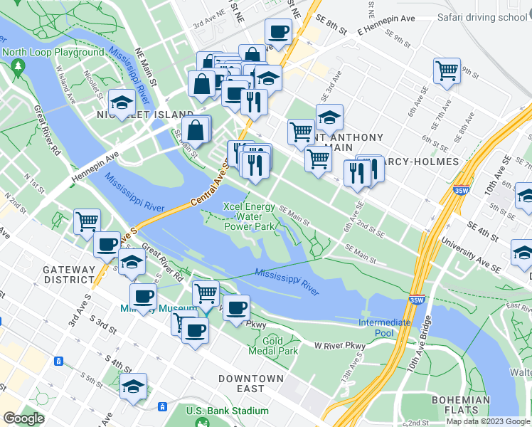 map of restaurants, bars, coffee shops, grocery stores, and more near 20 Southeast 3rd Avenue in Minneapolis