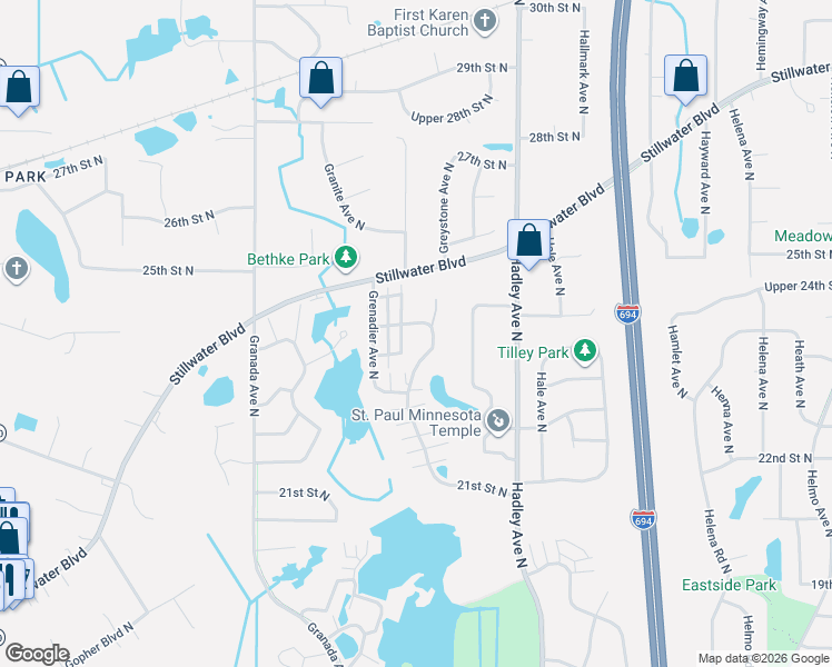 map of restaurants, bars, coffee shops, grocery stores, and more near 6779 24th Street North in Oakdale