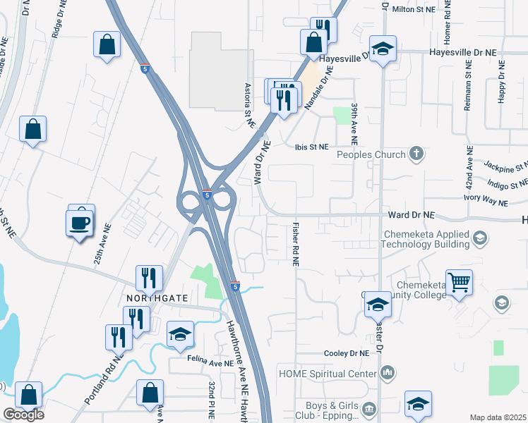 map of restaurants, bars, coffee shops, grocery stores, and more near 4485 Remington Place Northeast in Salem