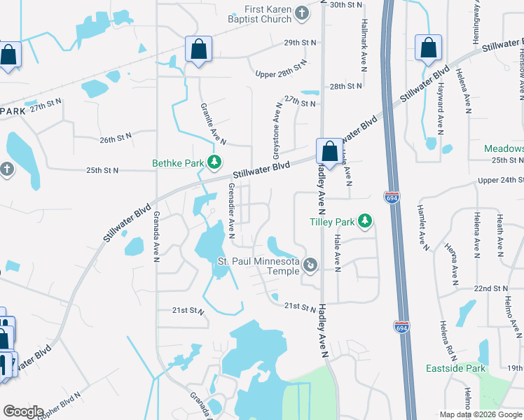 map of restaurants, bars, coffee shops, grocery stores, and more near 6779 24th Street North in Oakdale