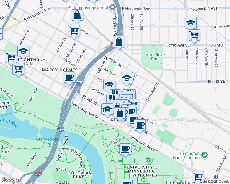 map of restaurants, bars, coffee shops, grocery stores, and more near 524 12th Avenue Southeast in Minneapolis