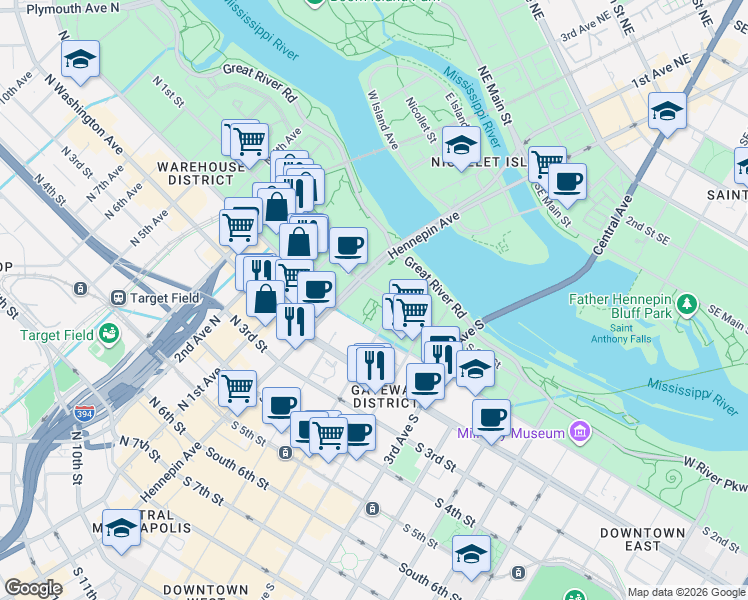 map of restaurants, bars, coffee shops, grocery stores, and more near in Minneapolis