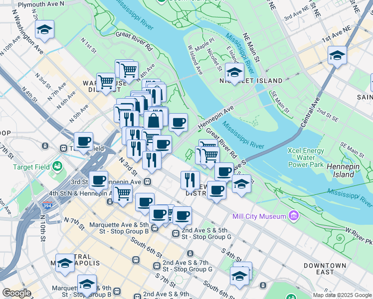 map of restaurants, bars, coffee shops, grocery stores, and more near 115 Hennepin Avenue in Minneapolis