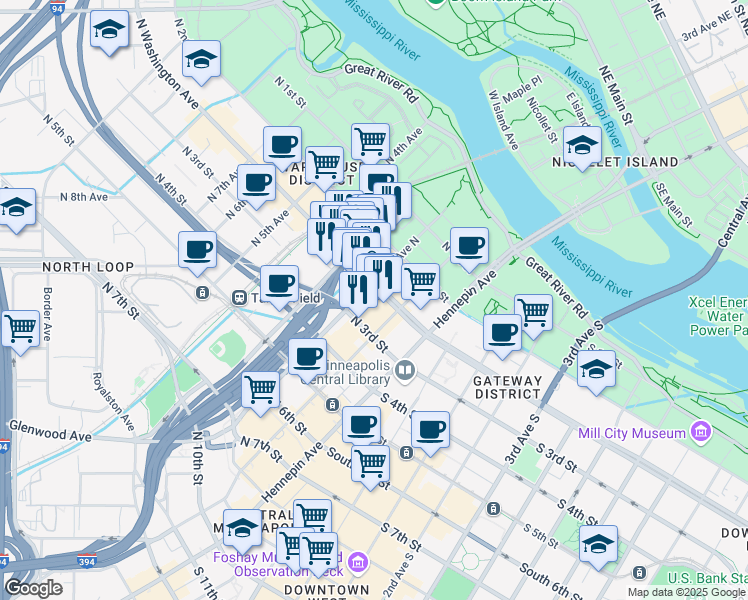 map of restaurants, bars, coffee shops, grocery stores, and more near 208 North Washington Avenue in Minneapolis