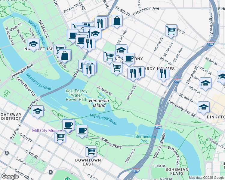 map of restaurants, bars, coffee shops, grocery stores, and more near 401 Southeast Main Street in Minneapolis