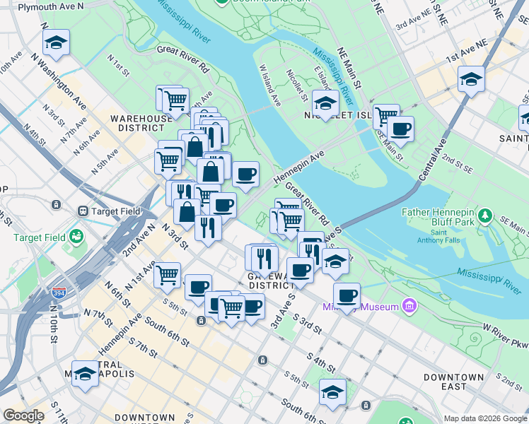 map of restaurants, bars, coffee shops, grocery stores, and more near in Minneapolis