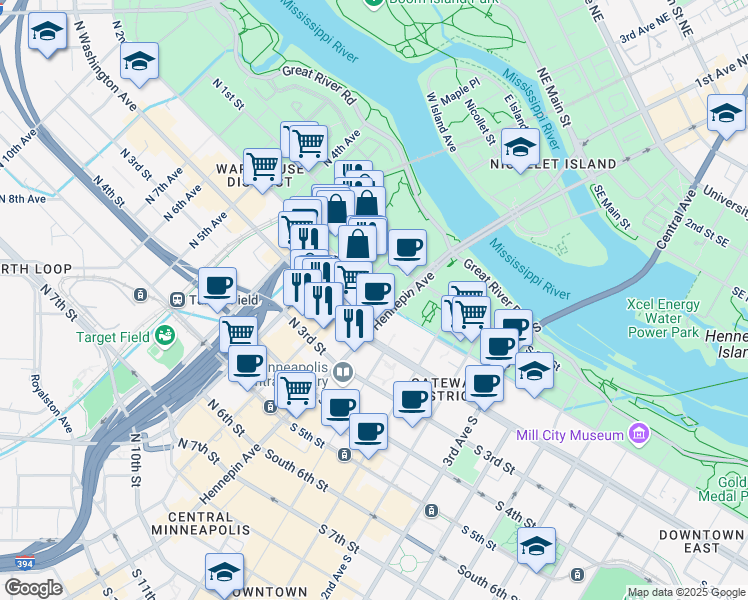 map of restaurants, bars, coffee shops, grocery stores, and more near 25 North 2nd Street in Minneapolis