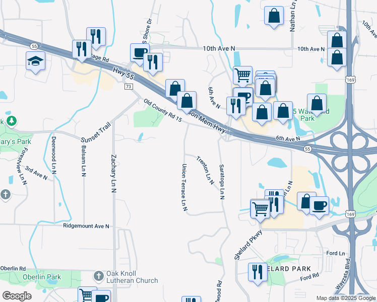 map of restaurants, bars, coffee shops, grocery stores, and more near 404 Union Terrace Lane North in Plymouth