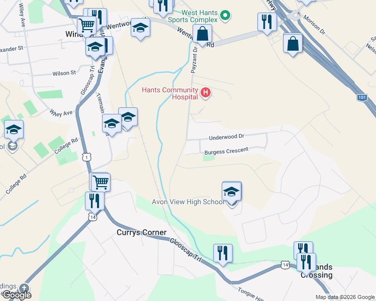 map of restaurants, bars, coffee shops, grocery stores, and more near 1011 Burgess Crescent in Windsor