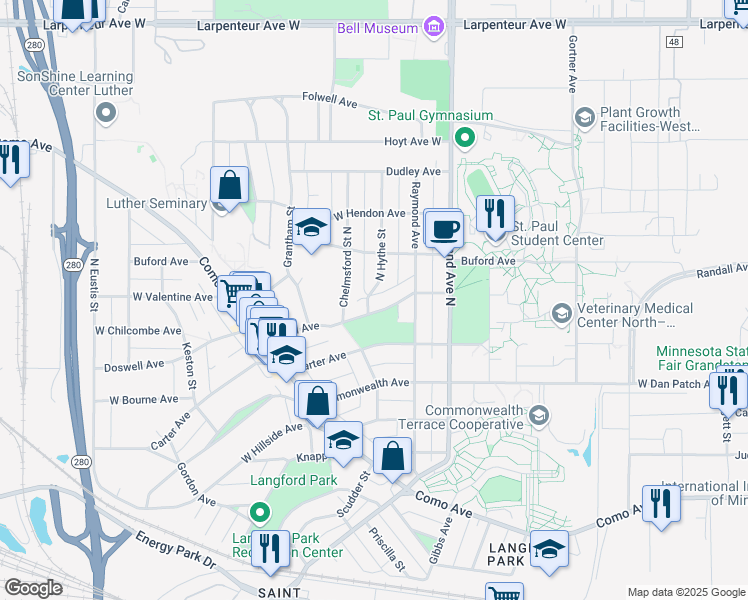 map of restaurants, bars, coffee shops, grocery stores, and more near 2147 Doswell Avenue in Saint Paul