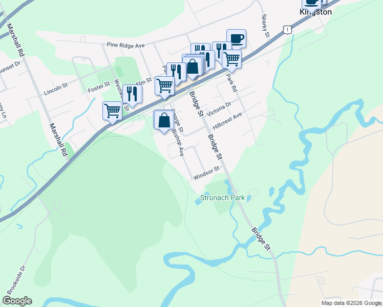 map of restaurants, bars, coffee shops, grocery stores, and more near 1369 Spring Garden Road in Kingston