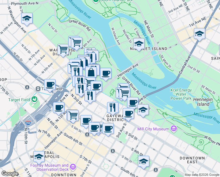 map of restaurants, bars, coffee shops, grocery stores, and more near 115 Hennepin Avenue in Minneapolis