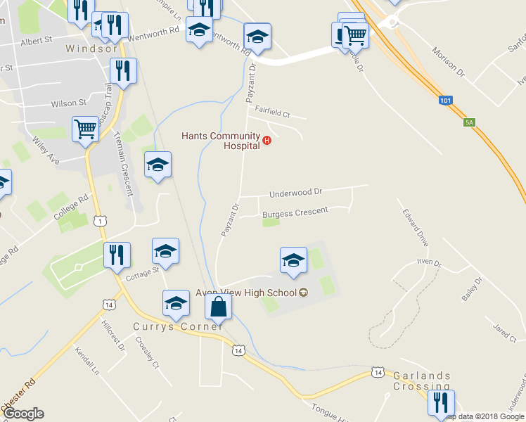 map of restaurants, bars, coffee shops, grocery stores, and more near 13 Burgess Crescent in Windsor