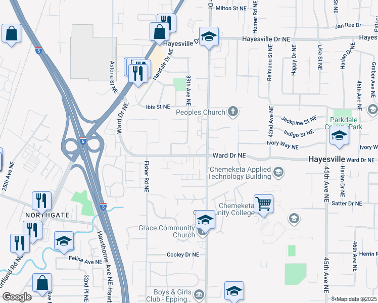 map of restaurants, bars, coffee shops, grocery stores, and more near 3883 Ward Drive Northeast in Salem