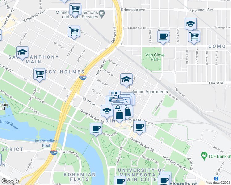 map of restaurants, bars, coffee shops, grocery stores, and more near 524 12th Avenue Southeast in Minneapolis