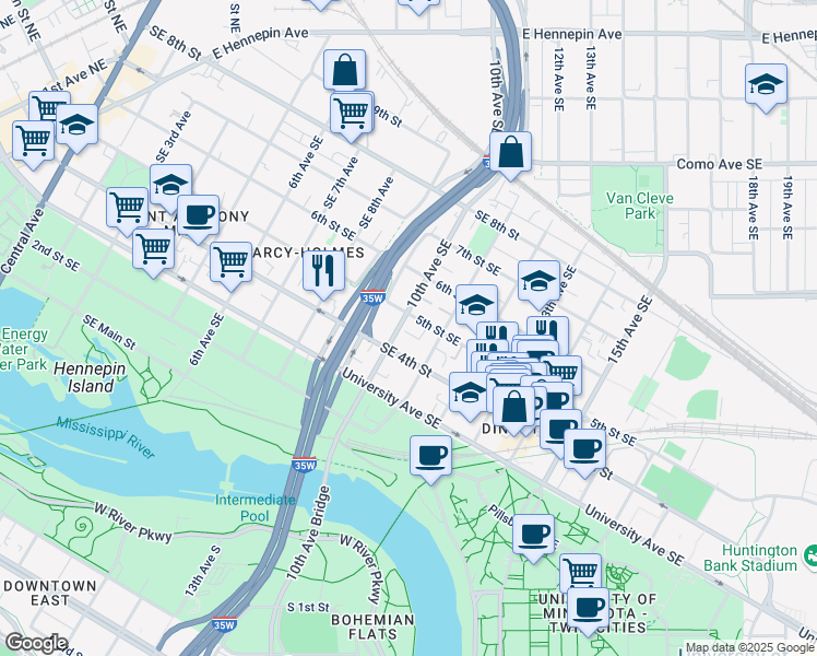 map of restaurants, bars, coffee shops, grocery stores, and more near in Minneapolis