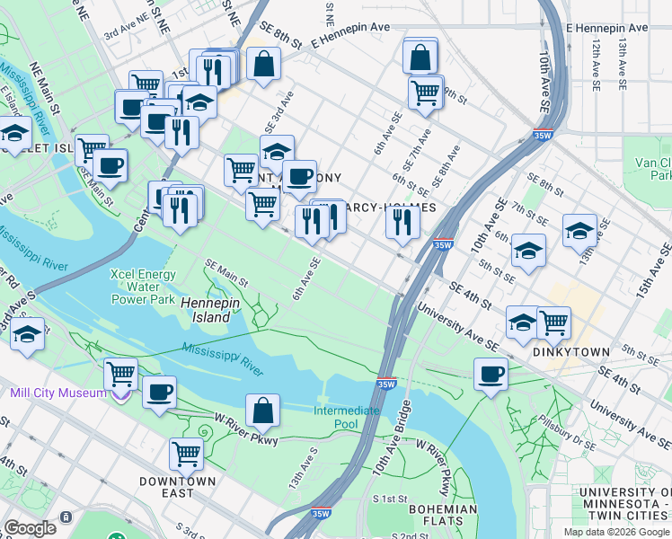 map of restaurants, bars, coffee shops, grocery stores, and more near 600 University Avenue Southeast in Minneapolis
