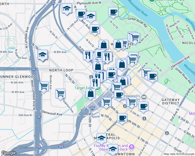 map of restaurants, bars, coffee shops, grocery stores, and more near in Minneapolis