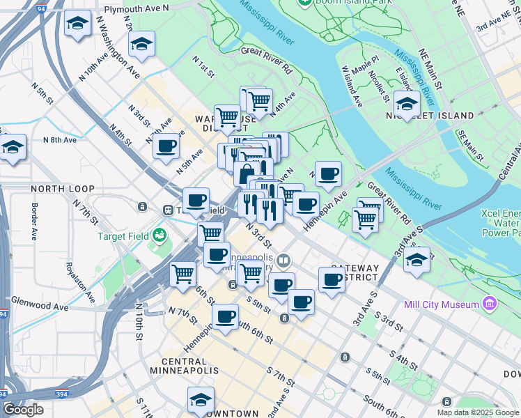 map of restaurants, bars, coffee shops, grocery stores, and more near 208 North Washington Avenue in Minneapolis