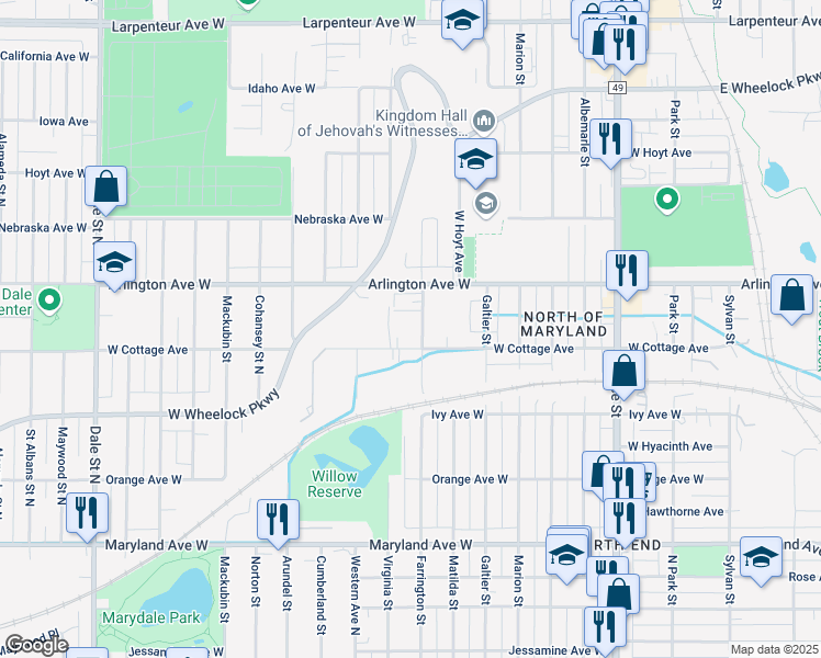 map of restaurants, bars, coffee shops, grocery stores, and more near 1395 Farrington Street in Saint Paul