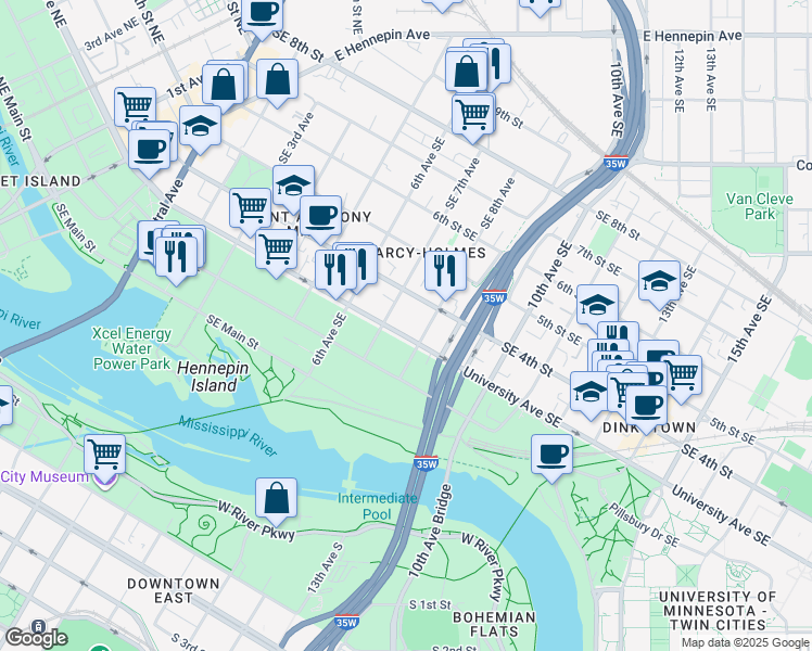 map of restaurants, bars, coffee shops, grocery stores, and more near 715 University Avenue Southeast in Minneapolis